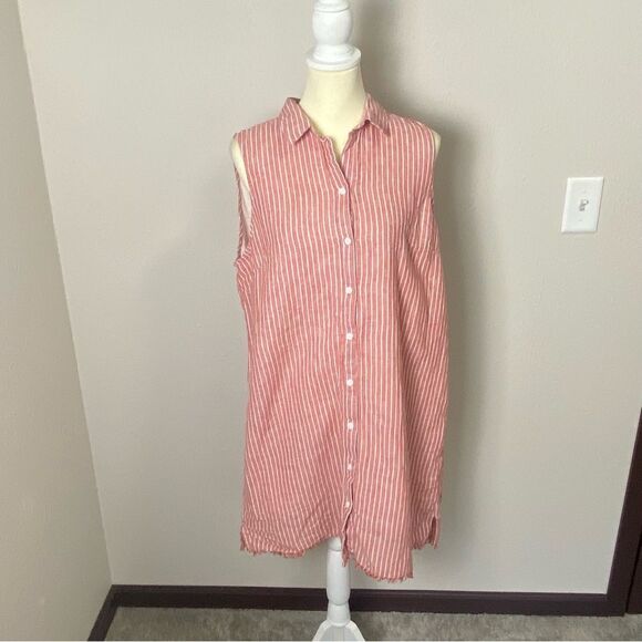 BeachLunchLounge Linen Blend Red & White Striped Button Up Shirt Dress Womens XL - Picture 5 of 16